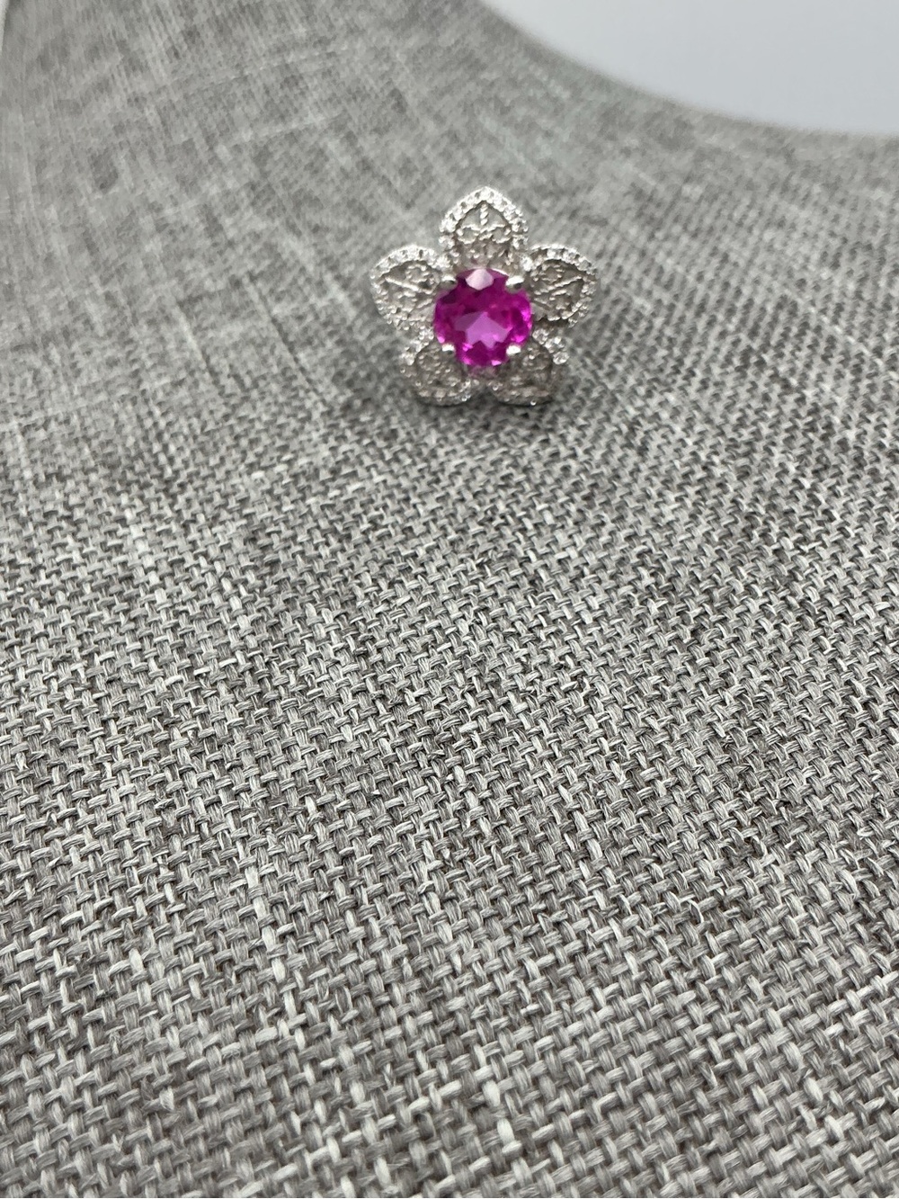 Sterling 925 Floral Ring with Hot Purple Pink Sapphire